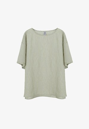 Lichtgroen-wit gestreepte blouse met korte mouwen, losse pasvorm, ronde halslijn en licht afhangende schouders.