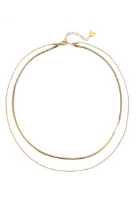 Złoty, podwójny naszyjnik o eleganckim wzornictwie. Zawiera łańcuszek typu snake oraz cienki łańcuszek, z zapięciem na klamrę i przedłużką.