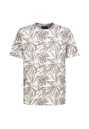 White short-sleeve T-shirt with light brown tropical leaf pattern, crew neckline, and a small black brand label inside the collar.