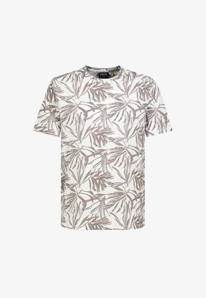 Weißes T-Shirt mit kurzen Ärmeln und hellbraunem tropischem Blattmuster, Rundhalsausschnitt und einem kleinen schwarzen Markenetikett innen am Kragen.