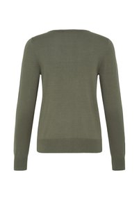 Oliwkowozielony sweter z długim rękawem, dzianinowy, z prążkowanymi mankietami i dołem, widoczny od tyłu na jednolitym białym tle.