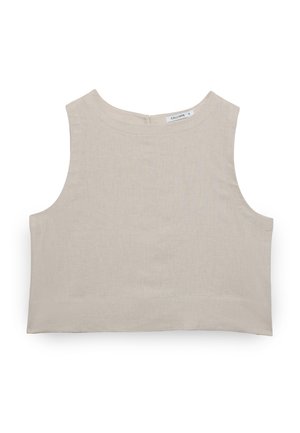 Ärmelloses beiges Leinen-Crop-Top mit rundem Ausschnitt und Knopfverschluss hinten, Größe Small, mit dem Label "Calliope."