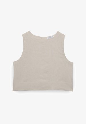 Ärmelloses beiges Leinen-Crop-Top mit rundem Ausschnitt und Knopfverschluss hinten, Größe Small, mit dem Label "Calliope."