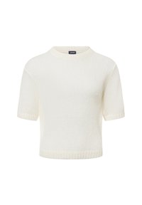 Crèmekleurige gebreide trui met korte mouwen en een ronde halslijn, met ribbelrand, weergegeven op een witte achtergrond.