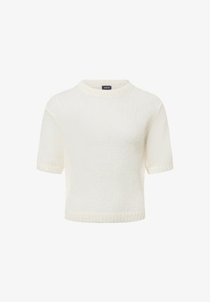 Crèmekleurige gebreide trui met korte mouwen en een ronde halslijn, met ribbelrand, weergegeven op een witte achtergrond.