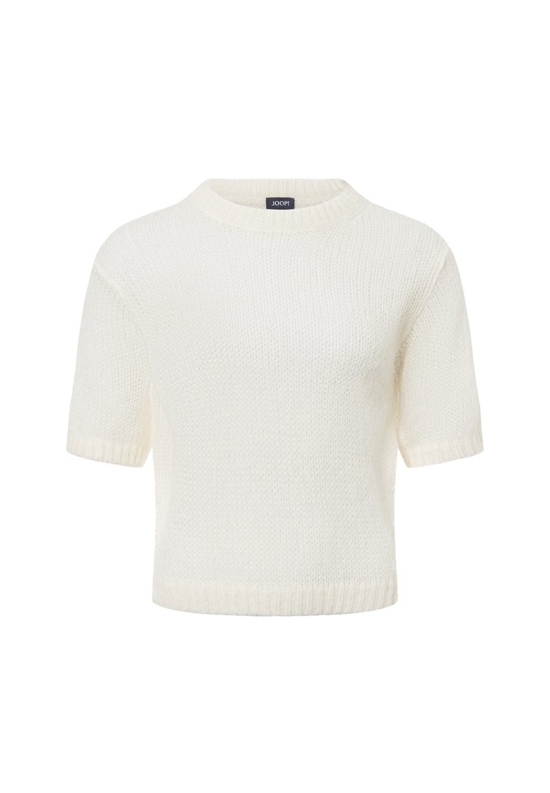 Crèmekleurige gebreide trui met korte mouwen en een ronde halslijn, met ribbelrand, weergegeven op een witte achtergrond.
