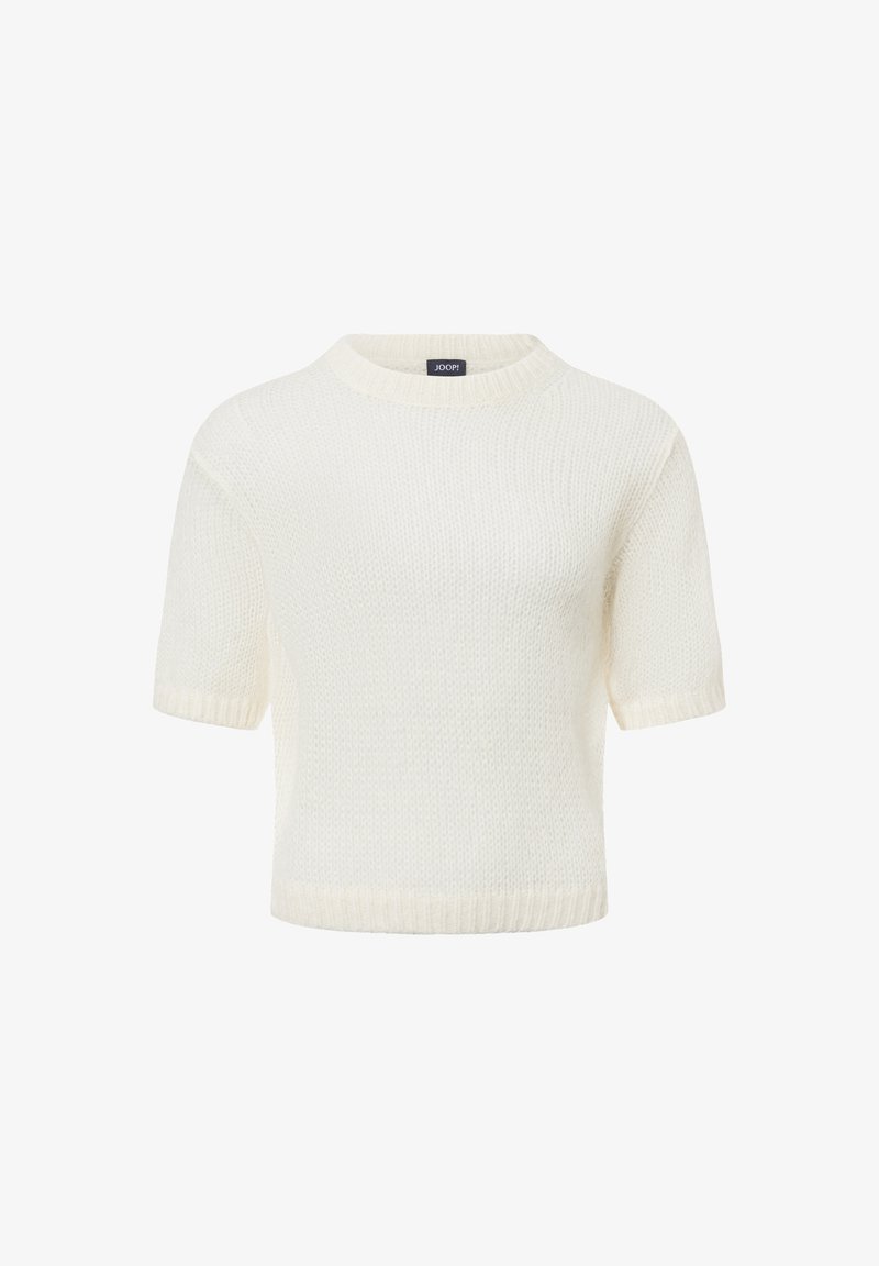 Crèmekleurige gebreide trui met korte mouwen en een ronde halslijn, met ribbelrand, weergegeven op een witte achtergrond.