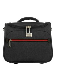 Borsa in tessuto grigio con manico superiore, tasca frontale con zip e accento rosso, e dettagli in metallo. Presenta una forma rettangolare e dettagli cuciti.