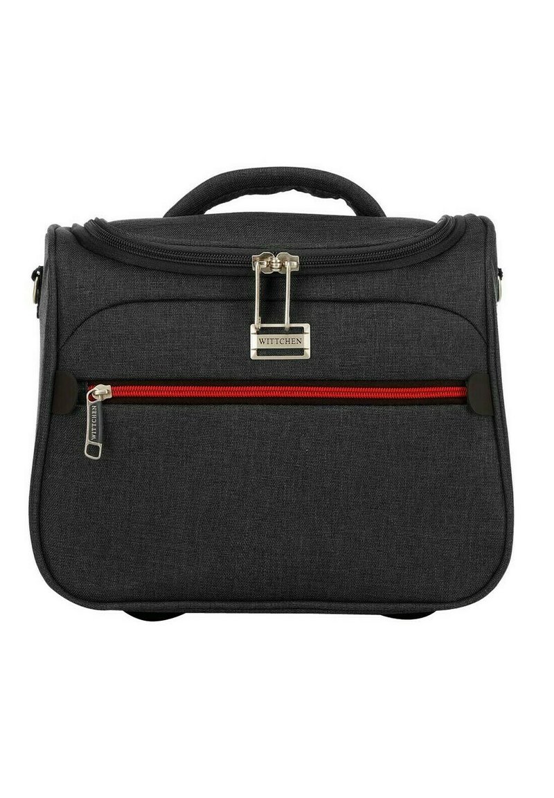Borsa in tessuto grigio con manico superiore, tasca frontale con zip e accento rosso, e dettagli in metallo. Presenta una forma rettangolare e dettagli cuciti.