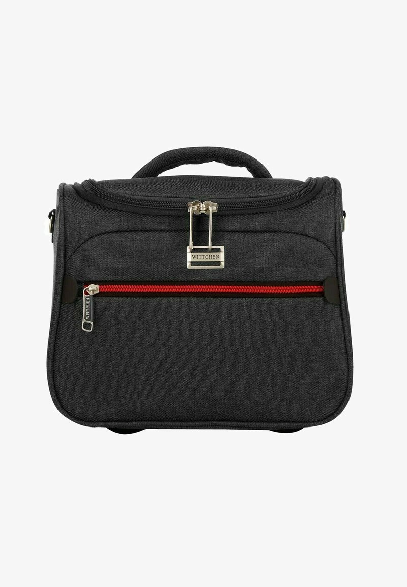 Borsa in tessuto grigio con manico superiore, tasca frontale con zip e accento rosso, e dettagli in metallo. Presenta una forma rettangolare e dettagli cuciti.