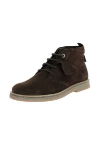 Stivaletti alla caviglia in suede marrone con design a lacci rotondi, suola in gomma e piccolo tag con logo. Caratterizzati da una finitura testurizzata e occhielli rinforzati.