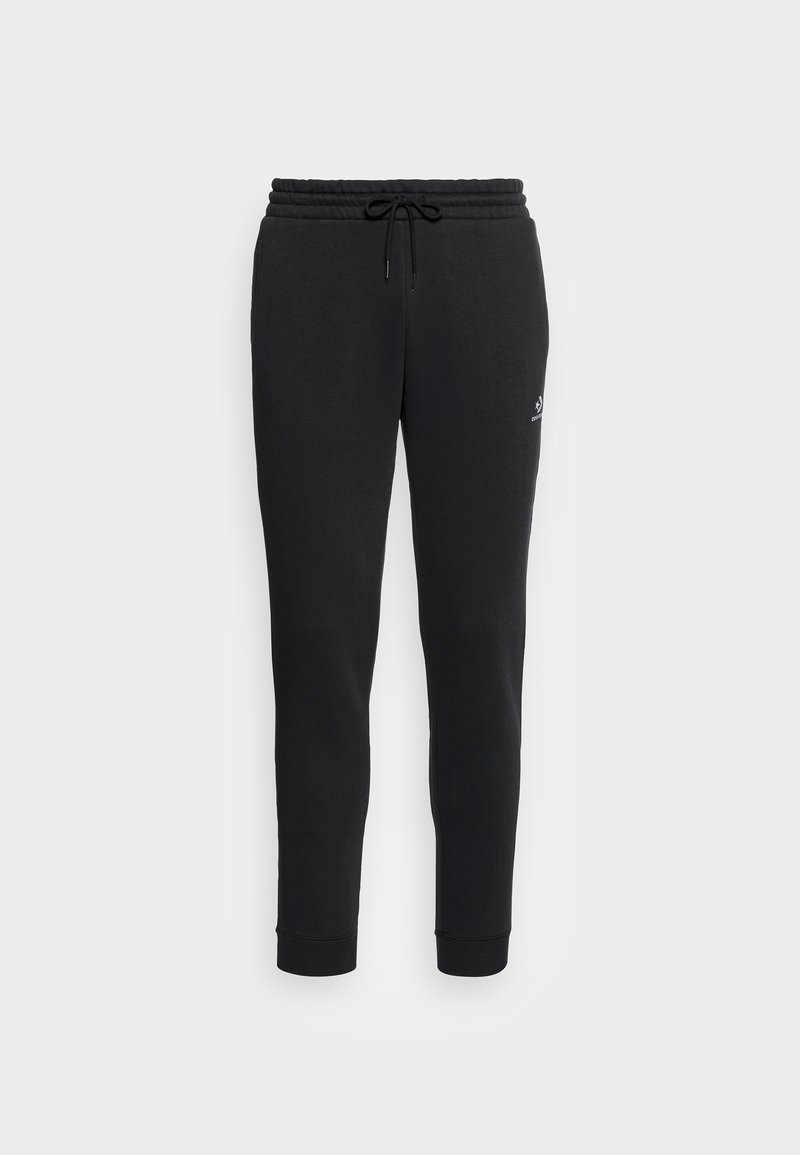 Pantalons de jogging en polaire noire avec une taille élastique, un cordon de serrage, des jambes fuselées, des poignets côtelés et un petit logo sur la cuisse supérieure gauche.