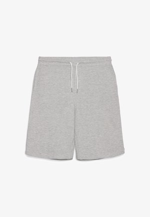 Shorts sportivi grigi in cotone con vita elastica, coulisse e tasche laterali. Tessuto morbido; taglio fino al ginocchio.