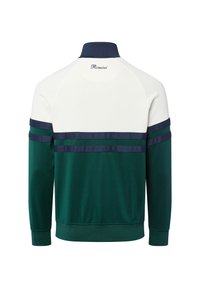 Zielono-biała bluza sportowa z paskami w kolorze granatowym, z prążkowanym kołnierzem i mankietami, wykonana z miękkiego materiału, z logo na karku.