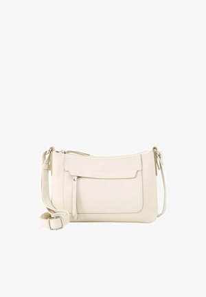 Borsa a tracolla bianca in pelle con scomparto principale con zip, tasca frontale e tracolla regolabile. Presenta una texture liscia e hardware minimale.