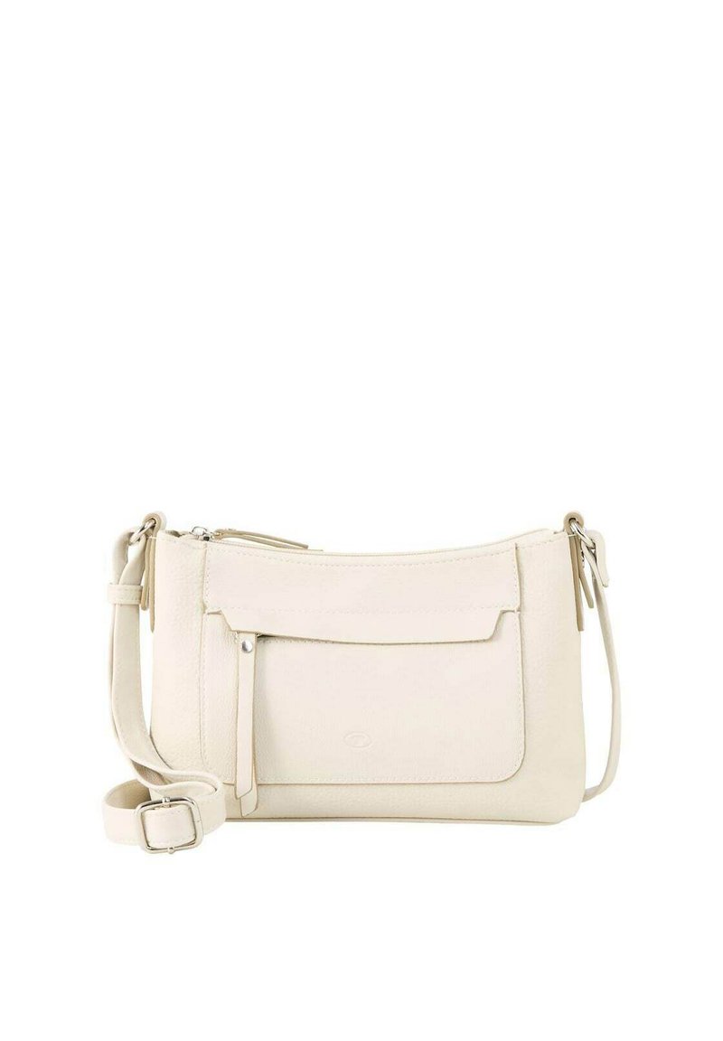 Bílá kožená crossbody taška s hlavním zipovým oddělením, přední kapsou a nastavitelným popruhem. Má hladkou texturu a minimální kovové prvky.