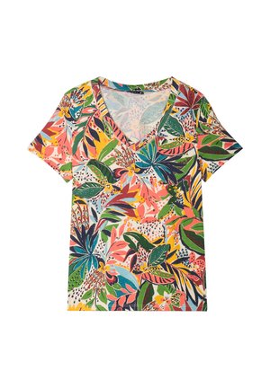 V-Ausschnitt Kurzarmshirt mit buntem tropischem Blumenmuster in Grün, Pink, Gelb, Blau und Orange auf weißem Hintergrund.