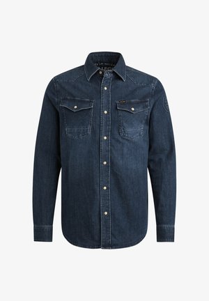 Mørkeblå denimskjorte med lange ærmer, lige snit, western-stil skulderstykke, to brystlommer og trykknaplukning.