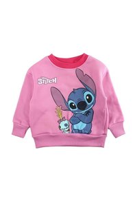 Sweatshirt rose présentant un graphique du personnage Stitch avec un petit personnage à côté de lui. Col et poignets côtelés, en matière mélangée de coton.