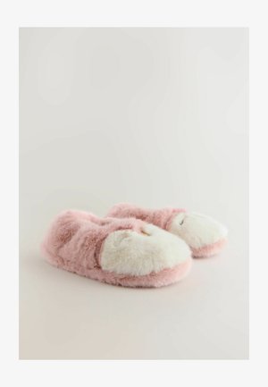 Rosa fuzzy Hausschuhe mit einem weichen weißen Kunstpelz-Zehenakzent. Abgerundete Form mit plüschiger Textur, entworfen für den Innenbereich.