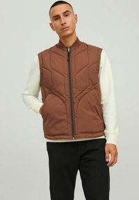 Brown quilted vest with stand collar, front zipper, and side pockets. Worn over a cream long-sleeve shirt and black pants.