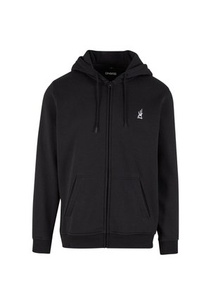 Svart zip-up hettegenser laget av mykt stoff. Har justerbar hette, frontlommer og en liten hvit logo på brystet.