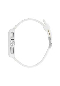 Ce smartwatch alb prezintă un cadran rectangular, butoane texturate din argint și o curea din silicon neted, dotată cu un clips din oțel inoxidabil.