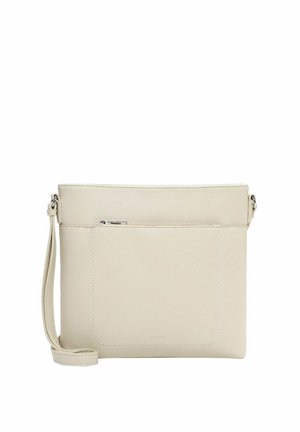Beige leather crossbody bag with front zip pocket, detachable adjustable strap, and smooth textured finish.