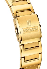 Zelta tonis metāla pulkstenis ar matētu apdari, ar plašu saites dizainu un izteiktu aizdari, kurā iegravēts 'Festina'.