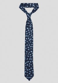 Granatowy krawat z jasnoniebieskimi wzorami kwiatowymi, wykonany z gładkiego materiału. Posiada standardową długość i spiczasty koniec, co nadaje mu klasyczny styl.