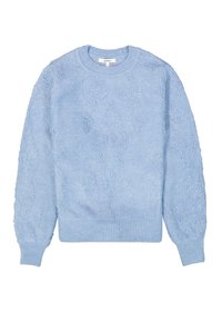 Hellblaues Sweatshirt mit strukturiertem Muster, Rundhalsausschnitt und gerippten Bündchen. Lange Ärmel und lockere Passform. Weicher, gestrickter Stoff.