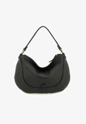 Zwarte leren handtas met een gebogen, zachte vorm, ritsluiting en een enkele schouderband. Heeft een subtiele merkdetails aan de voorkant.