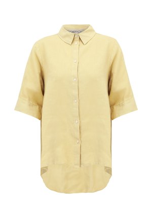 Gelbes Leinenhemd mit kurzen Ärmeln, Knopfverschluss vorne, umgeschlagenem Kragen und einem längeren hinteren Saum. Verfügt über eine feine Struktur.