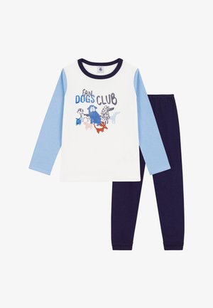 Set di pigiami in cotone composto da una maglia bianca con maniche blu e grafica "FAN DOGS CLUB", abbinata a pantaloni blu navy.