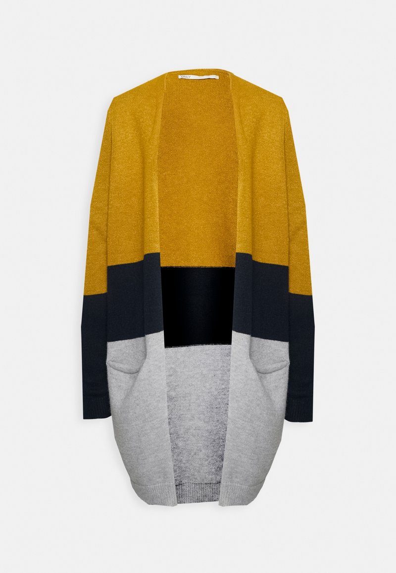 Long cardigan ouvert sur le devant avec des blocs de couleur en jaune moutarde, bleu marine et gris clair, avec deux poches avant.