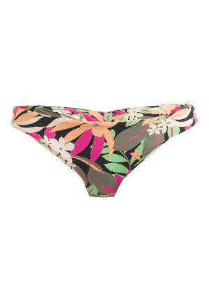 Slip da bagno floreale con fondo nero, caratterizzato da motivi di foglie e fiori rosa, verdi e beige. Materiale morbido e elastico.
