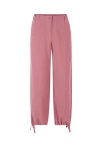 Rosa, lätta tygbyxor med avslappnad passform, med ett rynkat midjeband, knappstängning och justerbara ärmslut. Vertikala sömmar längs benen.