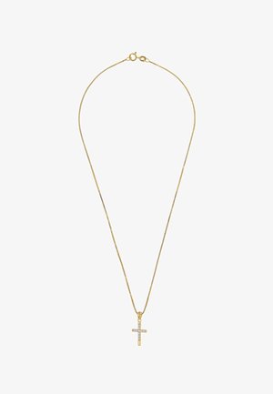 Delicate gold chain necklace with a small gold cross pendant featuring embedded clear stones on a white background.