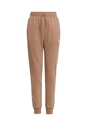 Beige sweatpants met een tailleband met trekkoord, zijzakken, geribbelde enkelboorden en een klein wit logo op de linker dij. Gladde stoffen textuur.