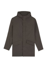 Donkergrijze jas met capuchon, voorzien van een drukknoopsluiting, twee grote voorzakken en een gladde, gestructureerde stof.