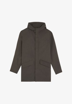 Donkergrijze jas met capuchon, voorzien van een drukknoopsluiting, twee grote voorzakken en een gladde, gestructureerde stof.