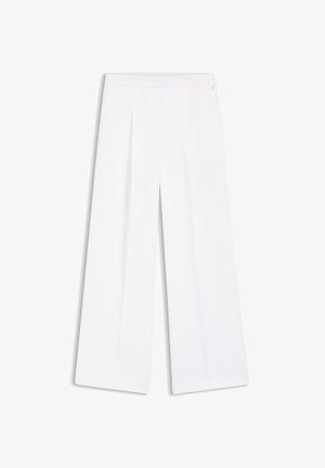 Pantalones blancos de pierna ancha con pliegue frontal y cinturilla ajustada, colocados planos sobre un fondo blanco.
