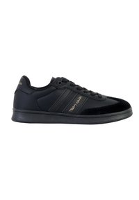 Black sneakers made of leather and suede, featuring a smooth finish, lace-up design, two decorative stripes, and a textured rubber sole.