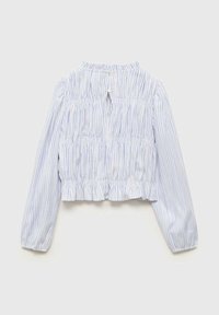 Blusa a righe azzurre e bianche con maniche lunghe, caratterizzata da un corpetto arricciato e una piccola chiusura con bottone sul retro.