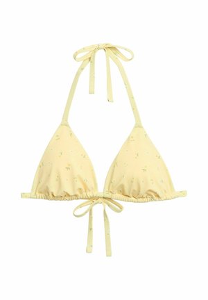 Keltainen kolmionmallinen bikiniyläosa, jossa pieni kukkakuvio, solmittavat nauhat kaulassa ja edessä rusetinauha.