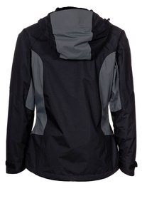 Černá a šedá bunda s kapucí, se zdůrazněnými designy panelů a nastavitelnými manžetami. Materiál vypadá elegantně s hladkou strukturou.