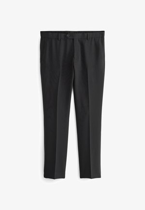 Schwarze maßgeschneiderte Hose mit flachem Vorderteil, zwei seitlichen Taschen und Knopfverschluss. Glatte Textur und gerade Beinform.