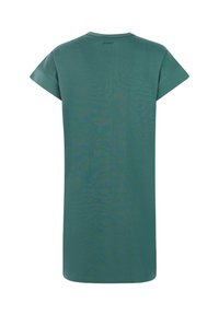 Turquoise korte mouwen casual jurk met een ronde halslijn, met het label "protest" vlakbij het midden van de bovenrug.