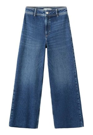 Modre kavbojke širokih hlačnic z visokim pasom, z zaponko na gumbe spredaj, petimi žepi in gladko teksturo.