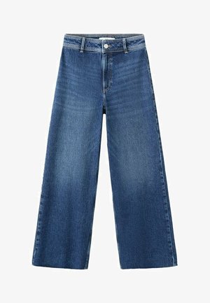 Modre kavbojke širokih hlačnic z visokim pasom, z zaponko na gumbe spredaj, petimi žepi in gladko teksturo.